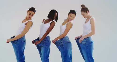 Four Women Model Oversized Jeans After Weight Loss