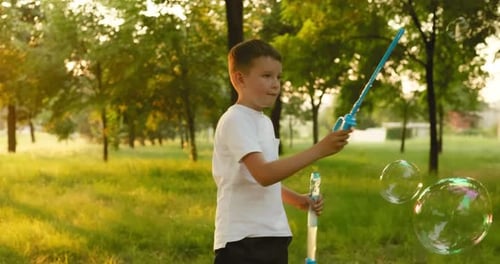 Child Boy Blows Soap Bubbles Having Fun Playing in Park in Rays of Sunset