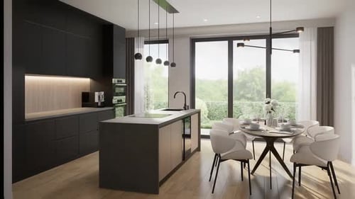 Kitchen-dining room, room in a modern minimalist style. Open space. 3D rendering.