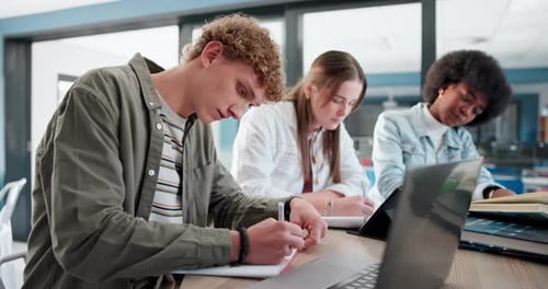 Education, laptop and study group with students in library of university together