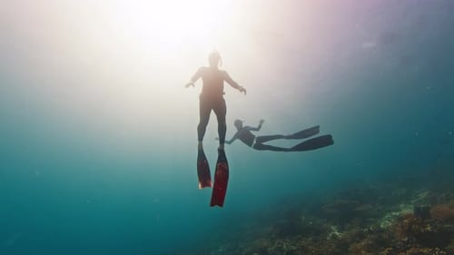 Two Male Freedivers Glide in the Tropical Sea Over the Coral Reef