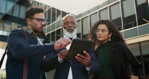 Tablet, meeting and business people with manager in the city planning a legal strategy