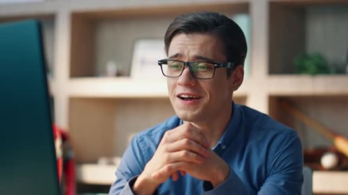 Smiling Freelancer Ending Video Chat Office Closeup Man Showing Peace Gesture