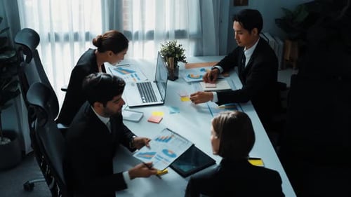 Top view of smart businesswoman discuss marketing plan at meeting. Directorate.