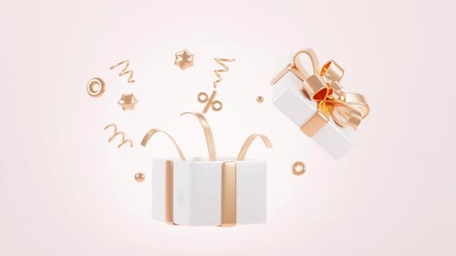 Discount design with opening gift box, gold ribbons and twinkles for congratulation, 3d rendering.