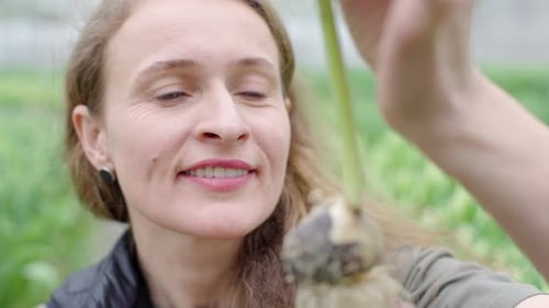 Smiling woman with long, brown hair is tending to flowers in a greenhouse. Close up