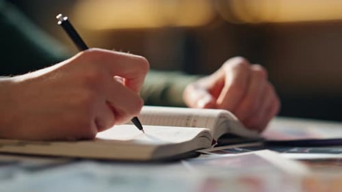 Woman Hands Writing Notebook Holding Pen Indoors Close Up Girl Making Notes