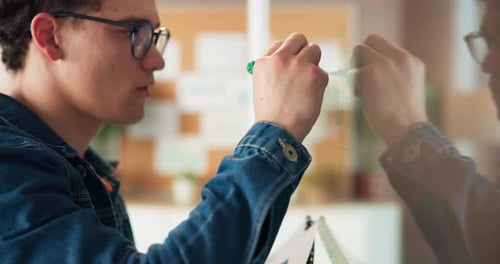 Glass, writing and man with glasses, office and plan for marketing strategy, ideas or brainstorming