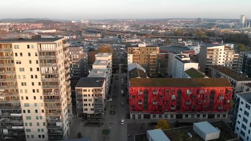 Aerial pullback from colorful Residential buildings from Hisingen, Gothenburg