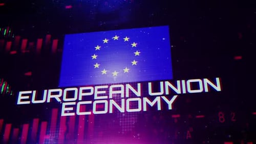 European Union Economy With Decrease Bar Chart Graph And Arrow Red V02