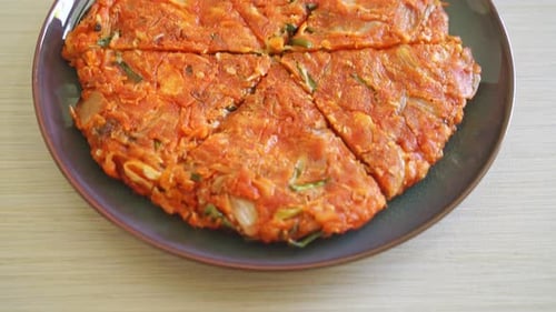 Kimchi Pancake Sliced on a Plate