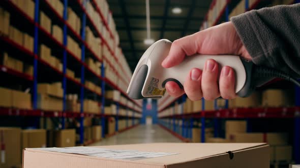 Scanner Scan Delivery Box in Storage Ecommerce Shop Man Packing Goods ...