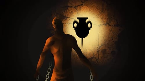 vue de l'allégorie de la grotte de Platon avec un prêtre projetant des ombres sur le mur