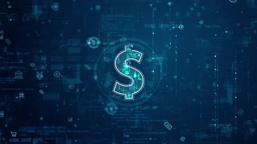 Blue digital money logo and futuristic circle HUD with big data processed on grid line background