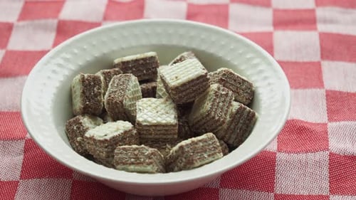 Closeup of Cube Shape Wafer Chocolate in a Bowl
