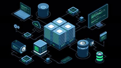 Animation informatique isométrique. Calcul d'un grand centre de données. Informatique en nuage