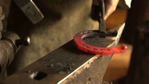 Metalworker Shaping Red Hot Horseshoe on Anvil