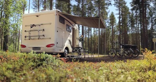 Family vacation travel RV, holiday trip in motorhome, Caravan car Vacation.