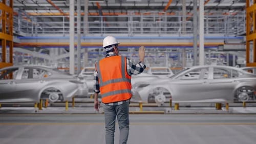 Dos d'un ingénieur asiatique agitant la main en disant au revoir en marchant dans une usine automobile