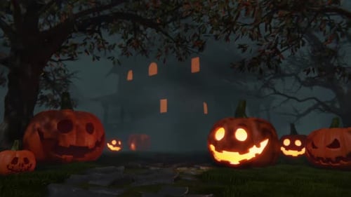 Halloween Night with Spooky Jack-o'-Lanterns and Haunted House
