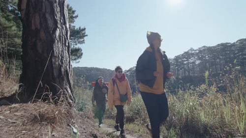 Group of Backpackers Walking Together on Hiking Trail