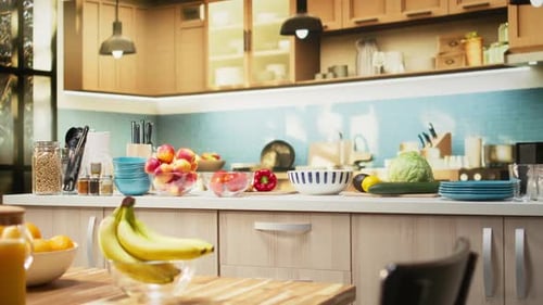 Bright Kitchen with Fresh Fruits and Vegetables