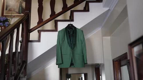 Elegant green wedding suit hanging in a classic interior
