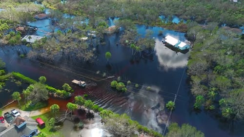 Surrounded By Hurricane Ian Rainfall Flood Waters Homes in Florida Residential Area