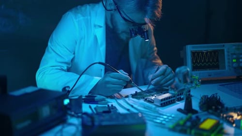 Technician Soldering Circuit Board Under Blue Light