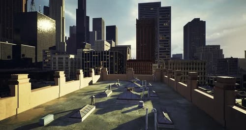 Rooftop View in Downtown Cityscape Showcasing Urban Architecture and Structures