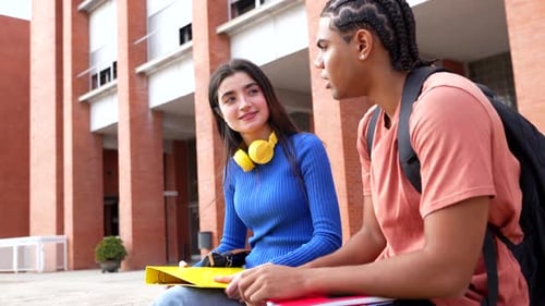 Two University Students Chatting Together at Campus Courtyard