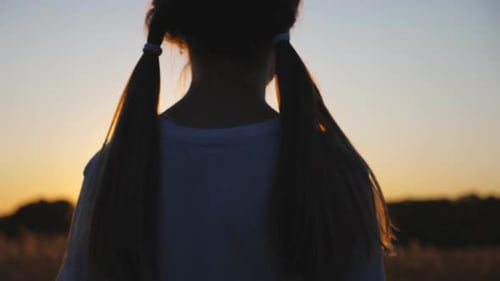 Pretty Small Girl Standing at Grass Field Against the Background of Beautiful Evening Sunset Cute