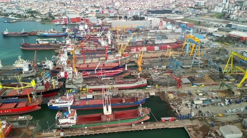 Istanbul, Turkey circa 2023: vessels at Cindemir Shipbuilding facility, circling