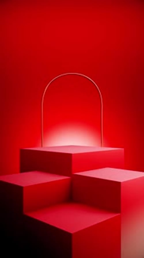 Modern Geometric Red Podium Stage with Golden Arch Light