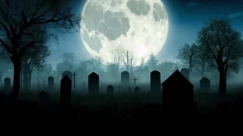 Zombie Hand Rising from Grave Under Full Moon