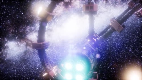 Futuristic Space Station Rotating with Milky Way Galaxy Background