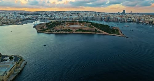 Aerial View of Manoel Island Near Valletta at Sunset Mediterranean Sea Malta Island
