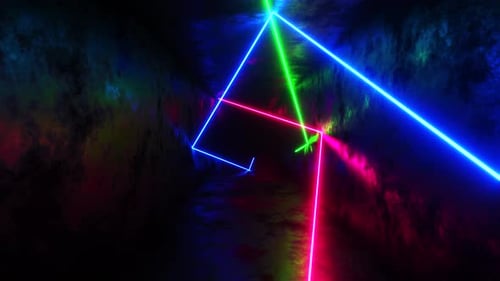 Des lasers multicolores se déplaçant dans un tunnel rectangulaire. Animation en boucle infinie