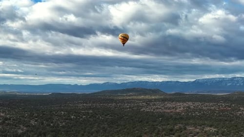 Aerial Panoramic View Of A Ballooning Above Wilderness During Sunrise In Sedona, Arizona, USA.