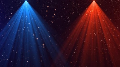 Red and Blue Stage Spotlights with Falling Particles Background