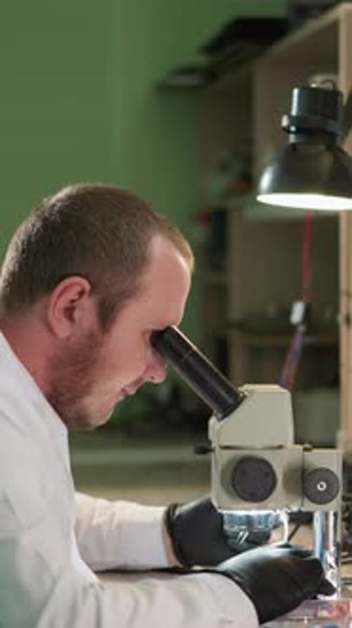 Scientist Uses Microscope in Laboratory
