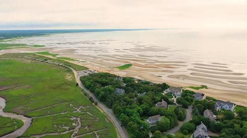Cape Cod Public Beach Aerial with Marshland, Houses, and Parking Lot