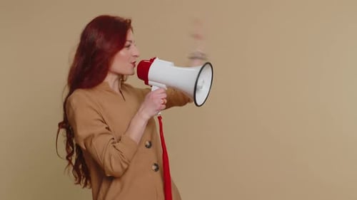 Woman Talking with Megaphone Proclaiming News Loudly Announcing Advertisement Pointing Empty Place