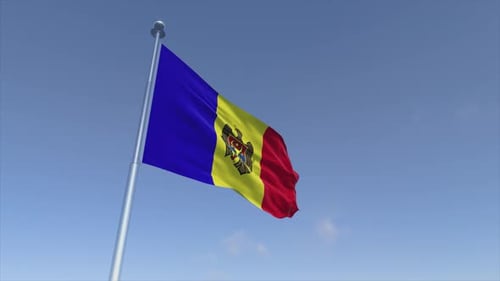 Moldova National Flag Waving in Realistic Blue Sky