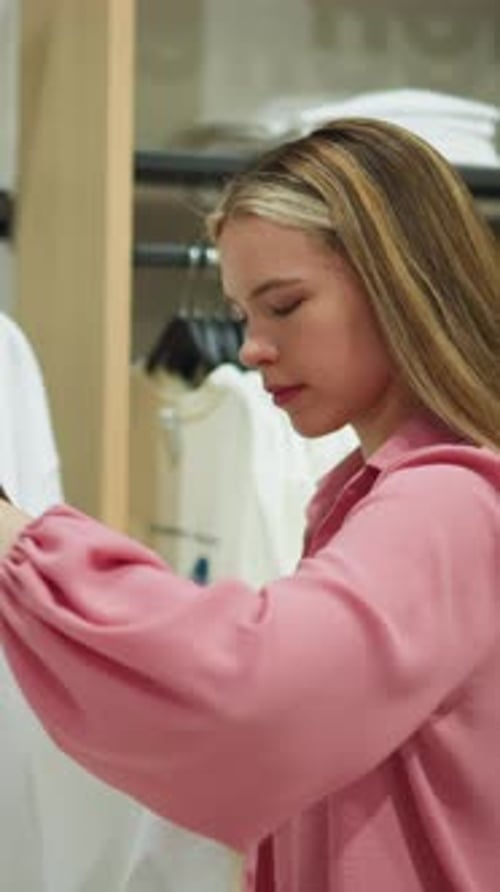 Lady in Pink Top Evaluates White Shirt in Store While Browsing Clothing Racks
