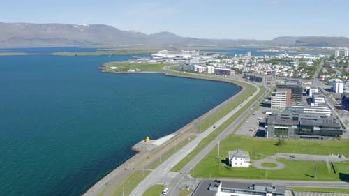 Iceland - Reykjavik - flight with drone from downtown to cruise port. Single ship docked.