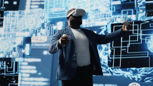 Man Immersed in Virtual Reality with VR Headset