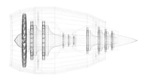 Wireframe Jet Engine Blueprint Rotating 3D Animation
