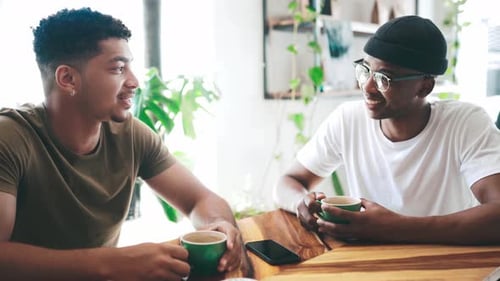 Happy couple of friends, talking at coffee shop and conversation, networking