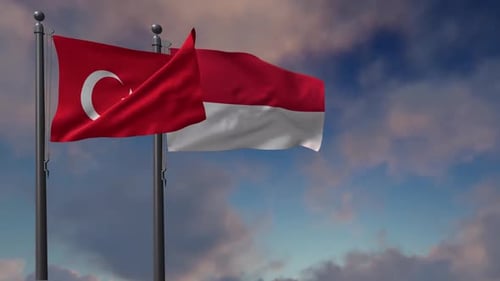 Waving Flags of Turkey and Indonesia on a Cloudy Sky